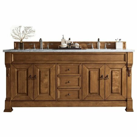 JAMES MARTIN VANITIES Brookfield 72in Double Vanity, Country Oak w/ 3 CM Carrara Marble Top 147-114-5771-3CAR